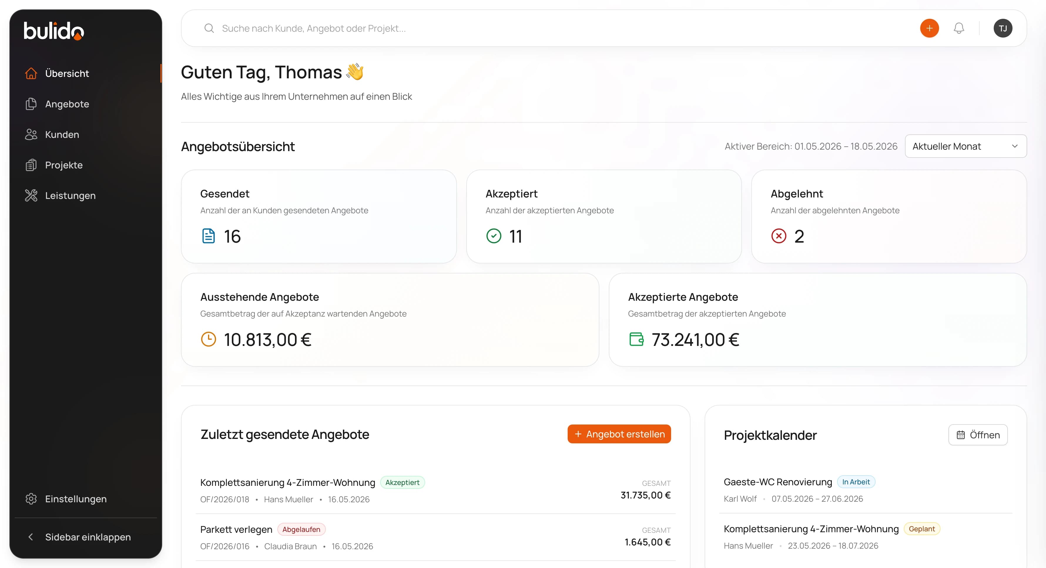 Bulido-Dashboard — Übersicht über Angebote und Projekte